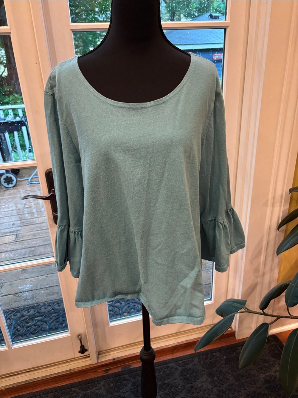 bryn Walker Light Teal Ruffle-Sleeve Tunic Top